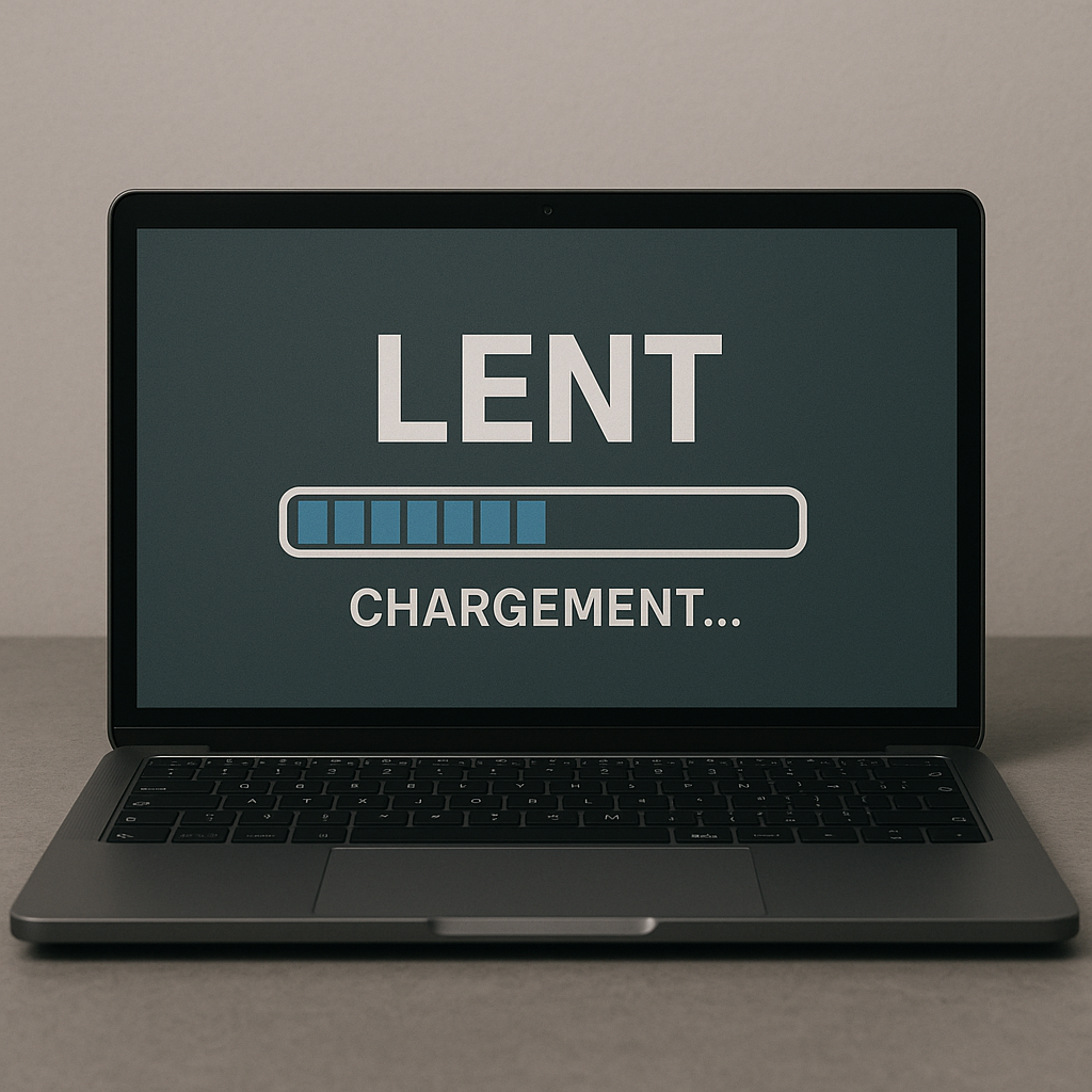 Ordinateur portable avec barre de chargement, illustrant un système lent